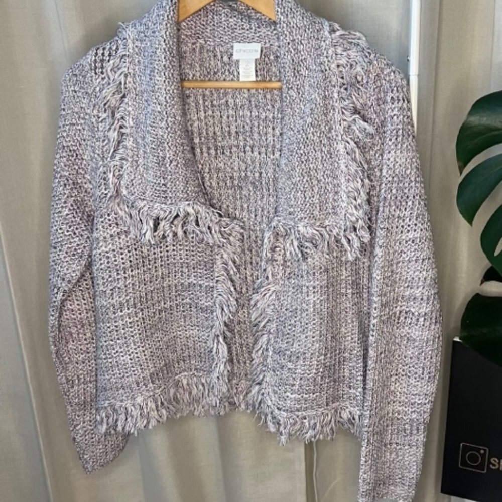 Chicos Structured Cardigan Sweater, marled yarn with FRINGE - Picture 1 of 6